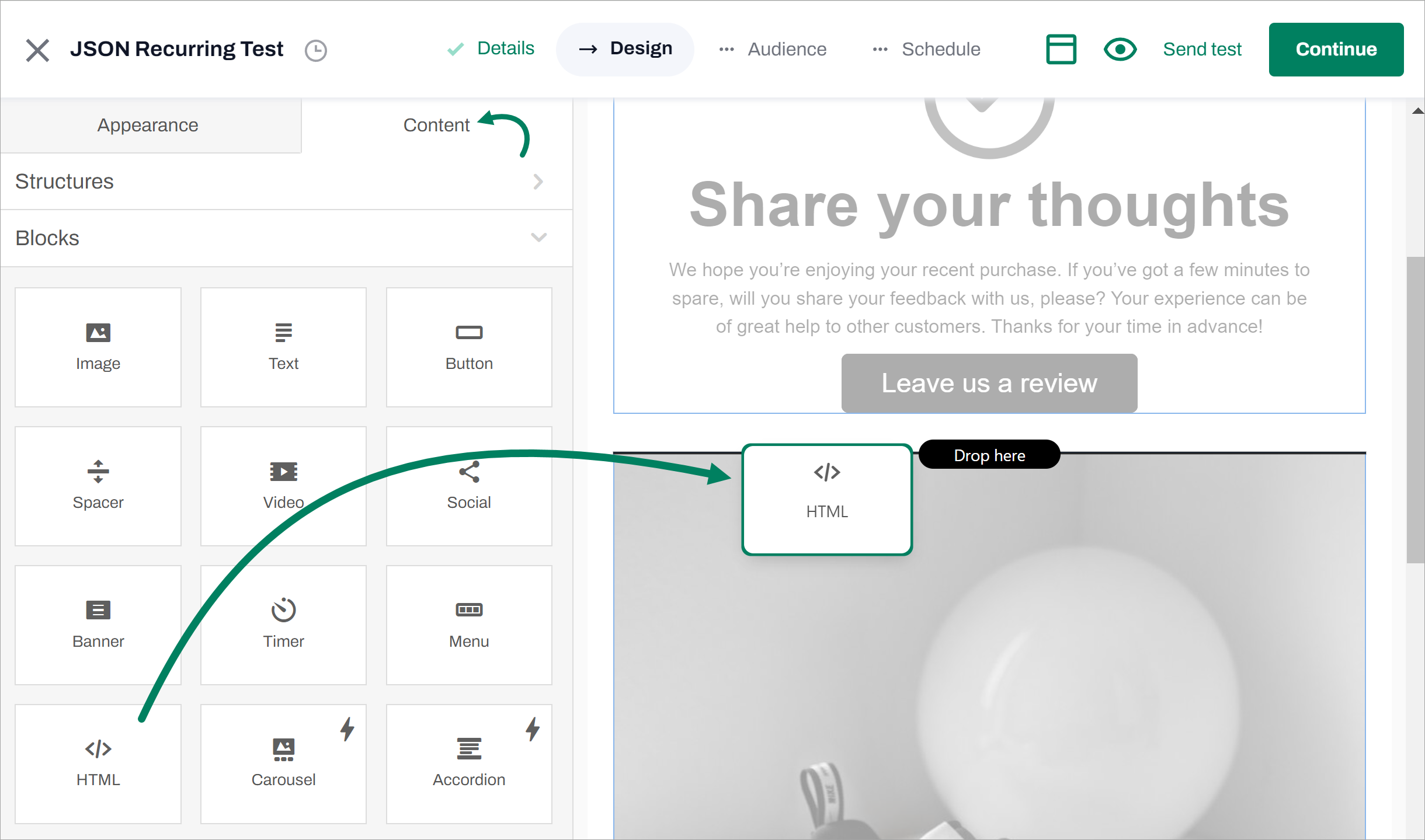 place an HTML block on the template canvas