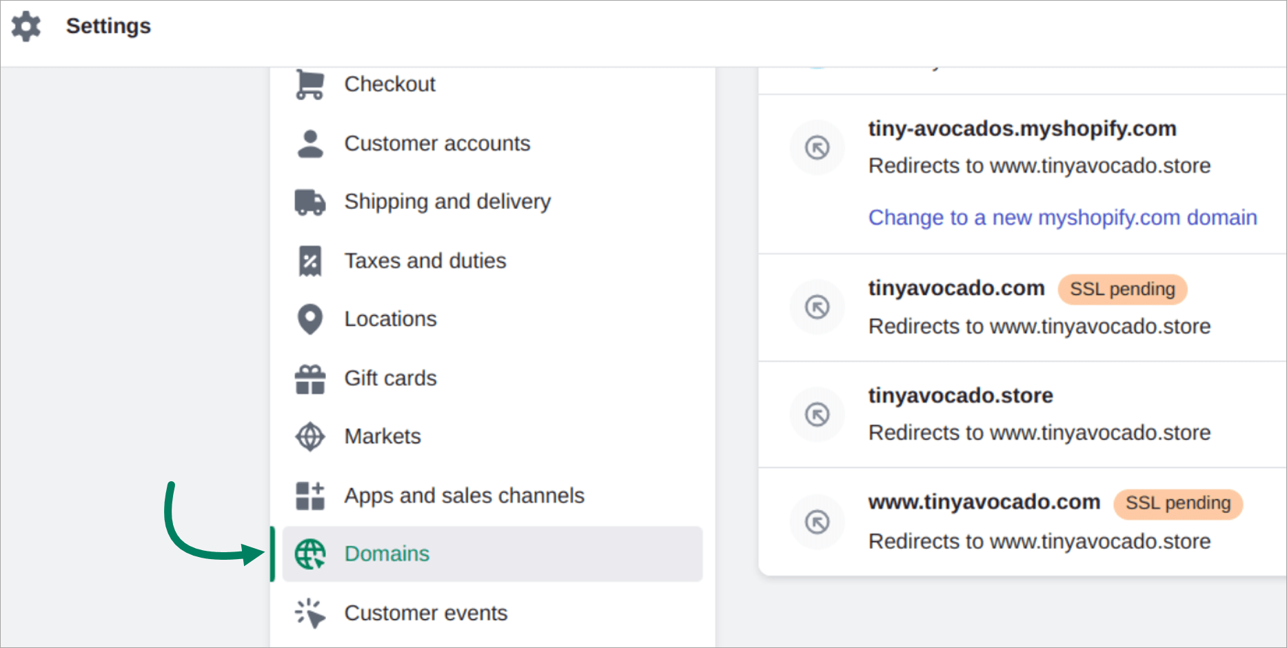 tinyEmail open Shopify domains panel