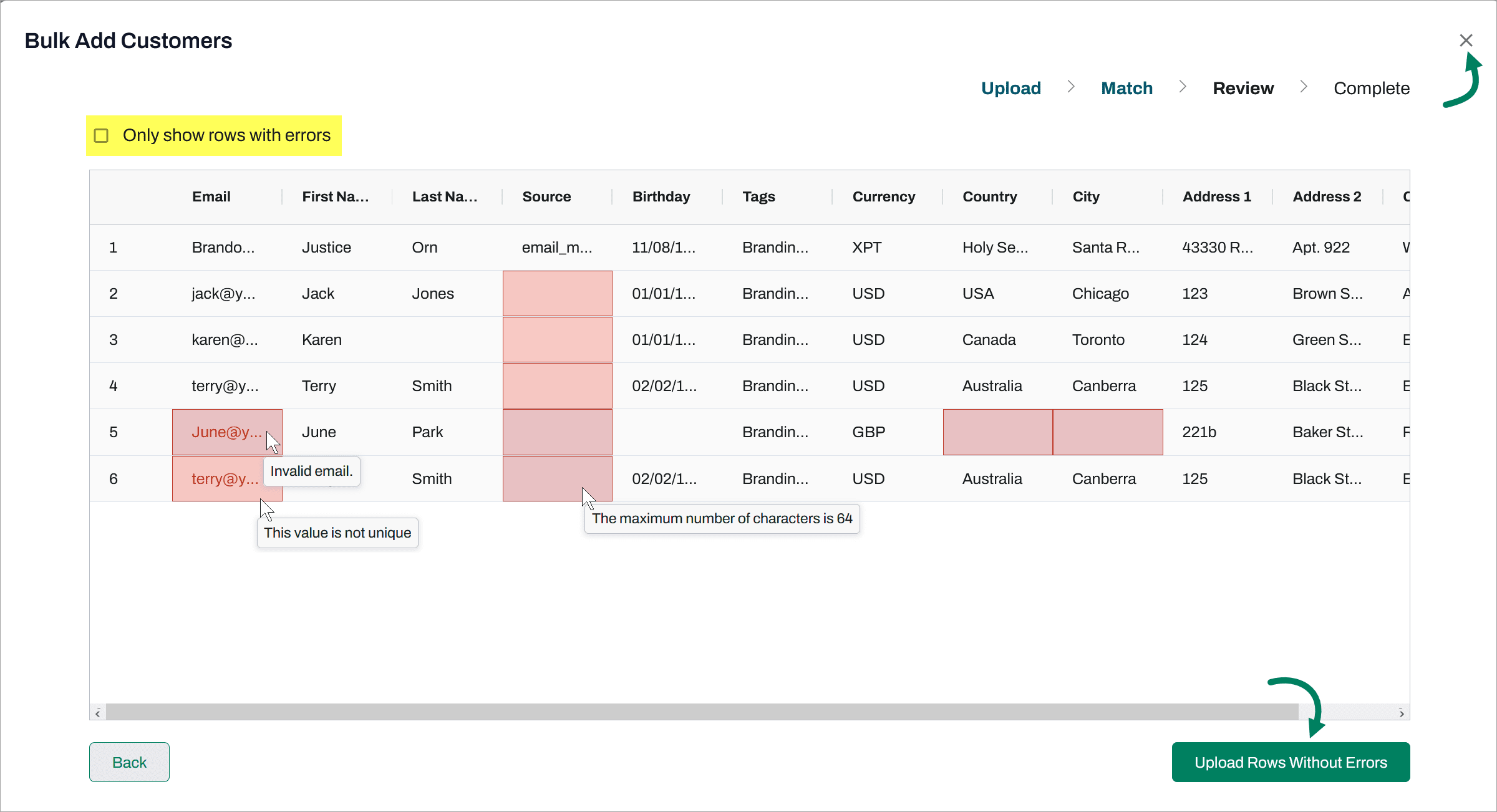 filter the table and correct mapping errors