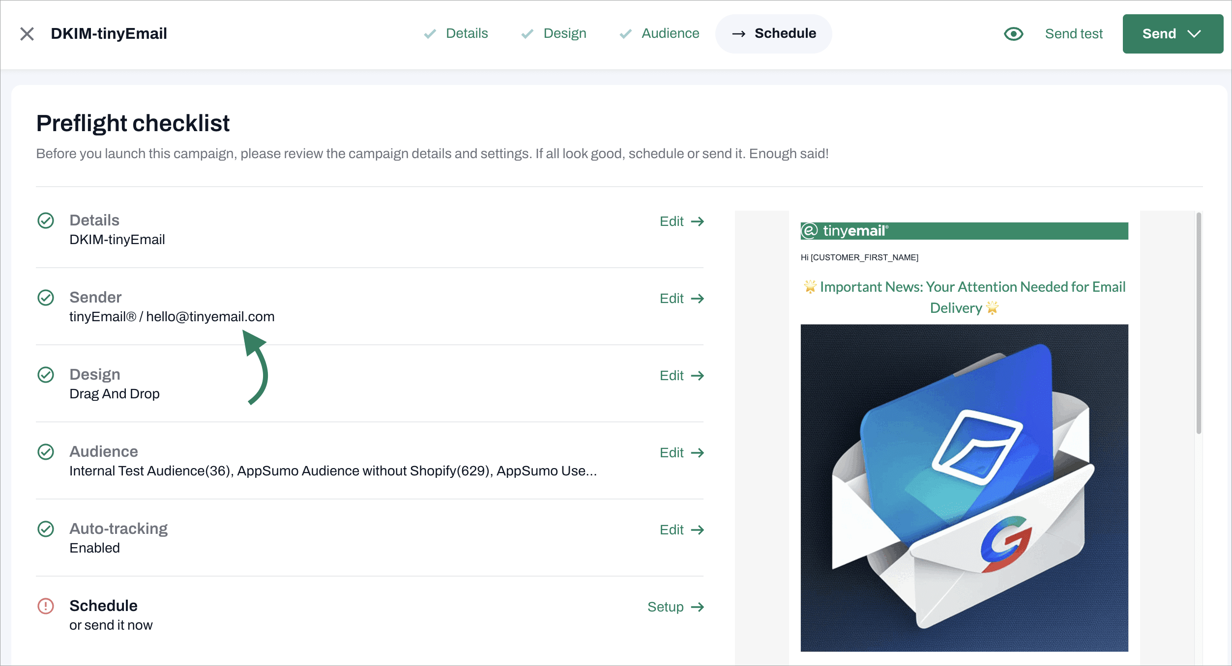 send tinyEmail campaigns from a verified sender email